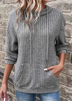 Grey Pocket Long Sleeve Hooded Sweatshirt -Women Clothing Sales Store 338974 P 16916645747394