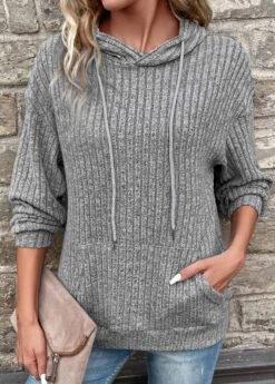 Grey Pocket Long Sleeve Hooded Sweatshirt -Women Clothing Sales Store 338974 P 16916645748705
