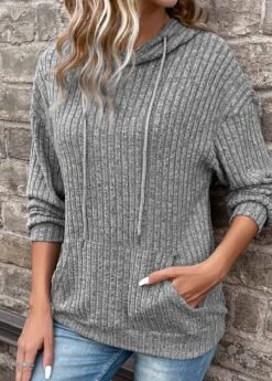 Grey Pocket Long Sleeve Hooded Sweatshirt -Women Clothing Sales Store 338974 P 16916645749242