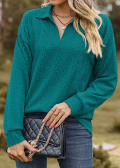 Green Long Sleeve Turn Down Collar Sweatshirt -Women Clothing Sales Store 339010 P 1690280326463