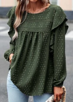 Olive Green Ruffle Long Sleeve Round Neck Blouse