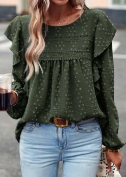 Olive Green Ruffle Long Sleeve Round Neck Blouse -Women Clothing Sales Store 339295 P 1690522696689