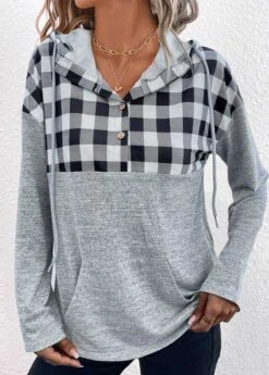 Light Grey Pocket Plaid Long Sleeve Hoodie -Women Clothing Sales Store 339297 P 1694081266788
