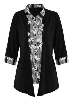 Black Fake 2in1 Floral Print Blouse -Women Clothing Sales Store 339400 P 1695005938105