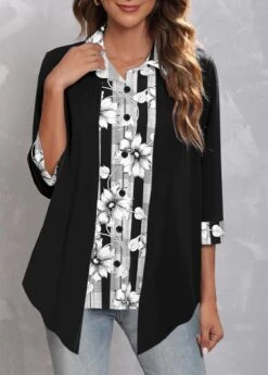 Black Fake 2in1 Floral Print Blouse -Women Clothing Sales Store 339400 P 1695005938353