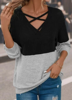 Grey Criss Cross Long Sleeve Sweatshirt -Women Clothing Sales Store 339417 P 16927994078495