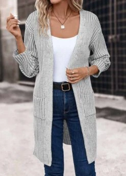 Light Grey Pocket Long Sleeve V Neck Coat 9 Light Grey Pocket Long Sleeve V Neck Coat -Women Clothing Sales Store 339432 P 16933919150213