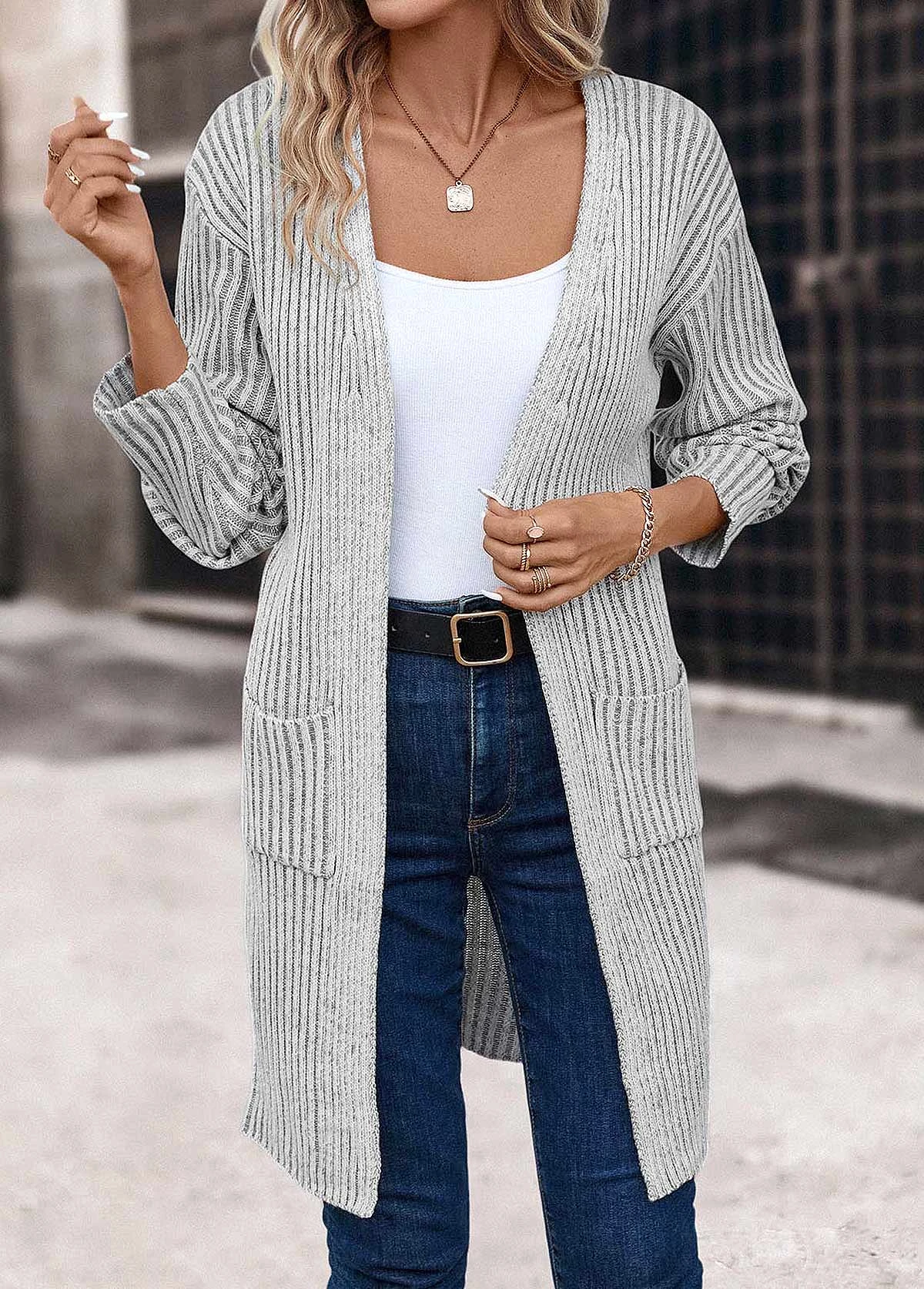 Light Grey Pocket Long Sleeve V Neck Coat 4 Light Grey Pocket Long Sleeve V Neck Coat - Image 4