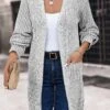 Light Grey Pocket Long Sleeve V Neck Coat