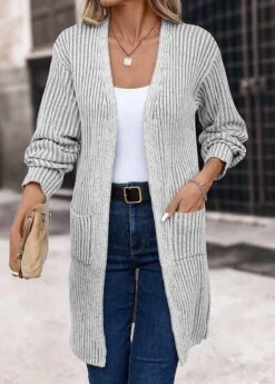 Light Grey Pocket Long Sleeve V Neck Coat