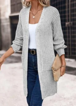 Light Grey Pocket Long Sleeve V Neck Coat 8 Light Grey Pocket Long Sleeve V Neck Coat -Women Clothing Sales Store 339432 P 16933919152952