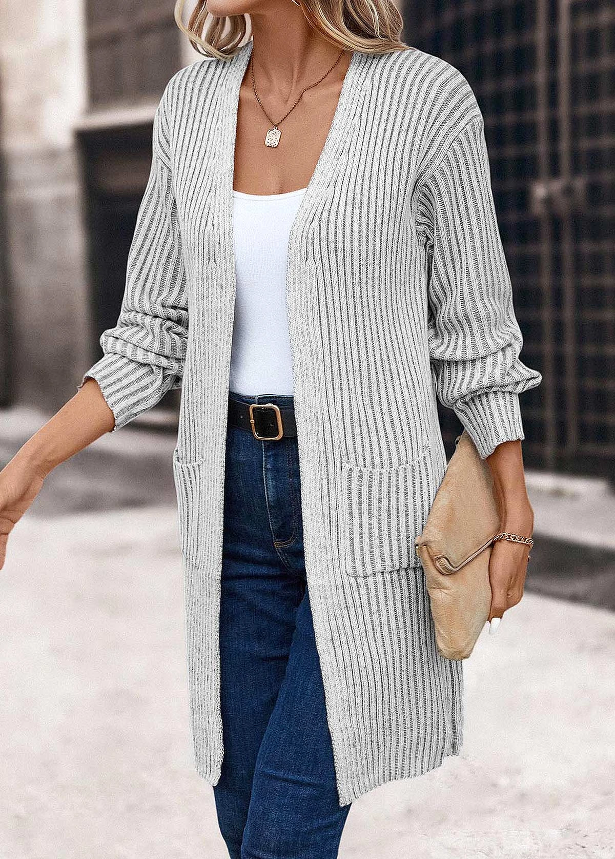 Light Grey Pocket Long Sleeve V Neck Coat 3 Light Grey Pocket Long Sleeve V Neck Coat - Image 3
