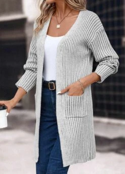 Light Grey Pocket Long Sleeve V Neck Coat 11 Light Grey Pocket Long Sleeve V Neck Coat -Women Clothing Sales Store 339432 P 16933919158325