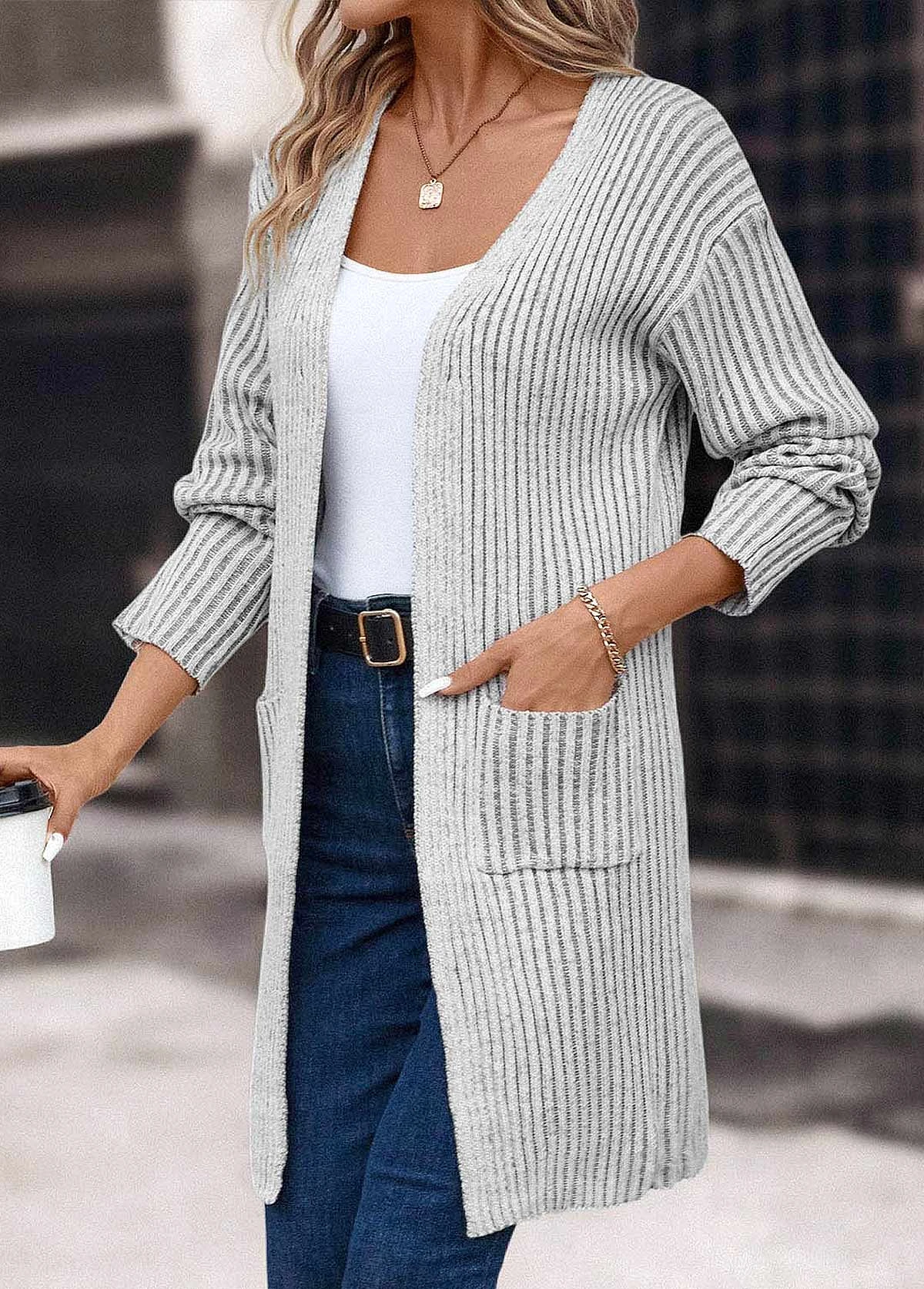 Light Grey Pocket Long Sleeve V Neck Coat 6 Light Grey Pocket Long Sleeve V Neck Coat - Image 6