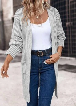 Light Grey Pocket Long Sleeve V Neck Coat 10 Light Grey Pocket Long Sleeve V Neck Coat -Women Clothing Sales Store 339432 P 16933919159054