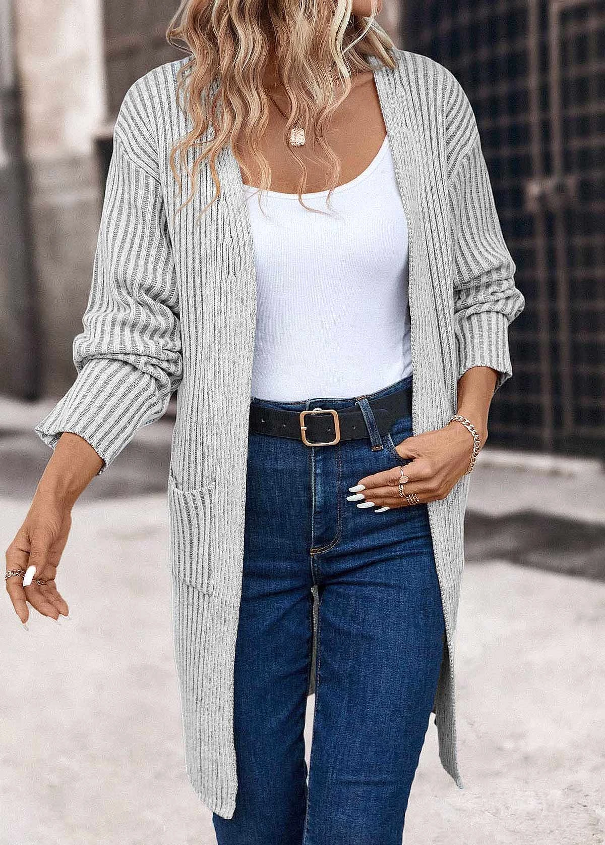 Light Grey Pocket Long Sleeve V Neck Coat 5 Light Grey Pocket Long Sleeve V Neck Coat - Image 5