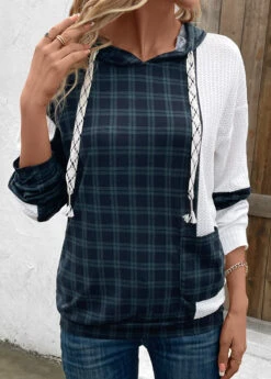 Navy Patchwork Plaid Long Sleeve Hoodie -Women Clothing Sales Store 339454 P 16966735391510