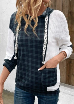 Navy Patchwork Plaid Long Sleeve Hoodie -Women Clothing Sales Store 339454 P 16966735393192