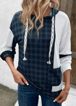 Navy Patchwork Plaid Long Sleeve Hoodie