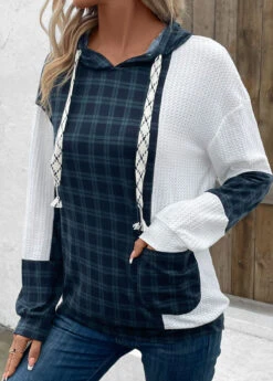 Navy Patchwork Plaid Long Sleeve Hoodie -Women Clothing Sales Store 339454 P 16966735395503