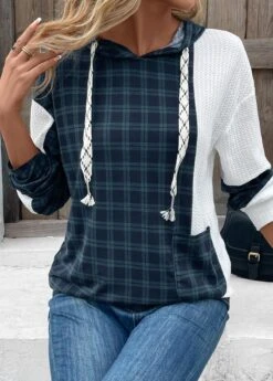 Navy Patchwork Plaid Long Sleeve Hoodie -Women Clothing Sales Store 339454 P 16966735397934
