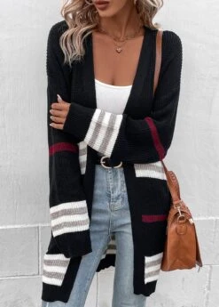 Wine Red Weave Long Sleeve V Neck Coat