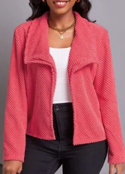 Peach Red Long Sleeve Turn Down Collar Coat