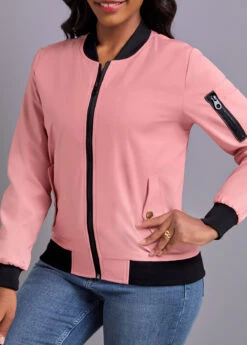 Dusty Pink Patchwork Long Sleeve Stand Collar Coat -Women Clothing Sales Store 339560 P 16920133353452