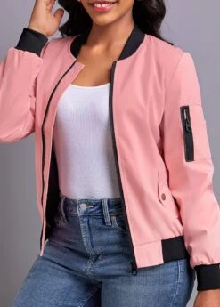 Dusty Pink Patchwork Long Sleeve Stand Collar Coat -Women Clothing Sales Store 339560 P 16920133356843