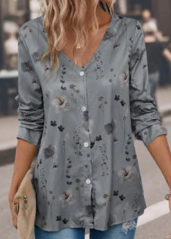 Grey Button Floral Print Long Sleeve Blouse -Women Clothing Sales Store 339583 P 16927993002493