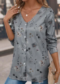 Grey Button Floral Print Long Sleeve Blouse -Women Clothing Sales Store 339583 P 16927993003822