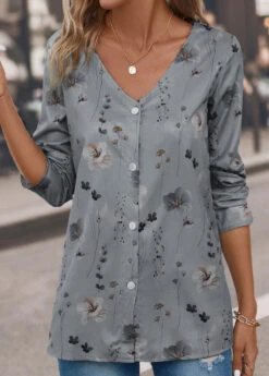 Grey Button Floral Print Long Sleeve Blouse -Women Clothing Sales Store 339583 P 16927993005624