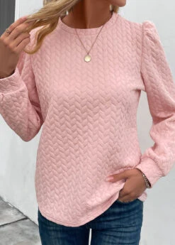 Pink Ruched Long Sleeve Round Neck Sweatshirt -Women Clothing Sales Store 339680 P 16952582961724