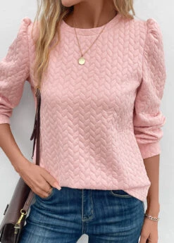Pink Ruched Long Sleeve Round Neck Sweatshirt -Women Clothing Sales Store 339680 P 16952582963795