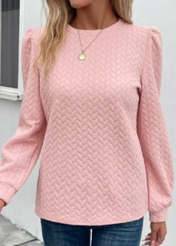 Pink Ruched Long Sleeve Round Neck Sweatshirt -Women Clothing Sales Store 339680 P 16952582965263
