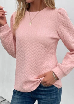 Pink Ruched Long Sleeve Round Neck Sweatshirt -Women Clothing Sales Store 339680 P 16952582966362