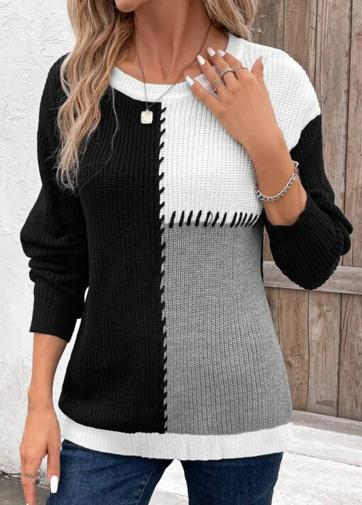 Black Patchwork Geometric Print Long Sleeve Sweater 6 Black Patchwork Geometric Print Long Sleeve Sweater -Women Clothing Sales Store 339873 P 16932193635410