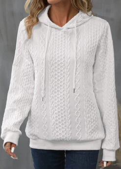 White Drawstring Detail Long Sleeve Hoodie -Women Clothing Sales Store 339984 P 16932192684182