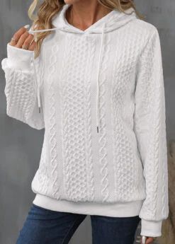 White Drawstring Detail Long Sleeve Hoodie -Women Clothing Sales Store 339984 P 16932192689673