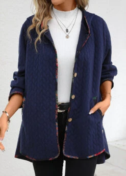 Navy Pocket Long Sleeve Hooded Coat