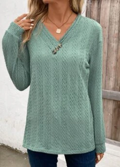 Green Patchwork Long Sleeve V Neck Sweatshirt -Women Clothing Sales Store 340080 P 16932192613412