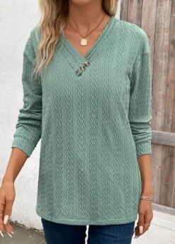 Green Patchwork Long Sleeve V Neck Sweatshirt -Women Clothing Sales Store 340080 P 16932192614914