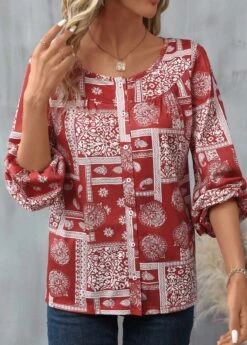 Red Button Tribal Print Long Sleeve Round Neck Blouse