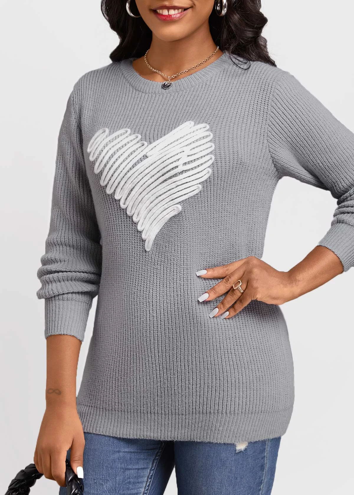 Grey Patchwork Long Sleeve Round Neck Sweater 3 Grey Patchwork Long Sleeve Round Neck Sweater - Image 3