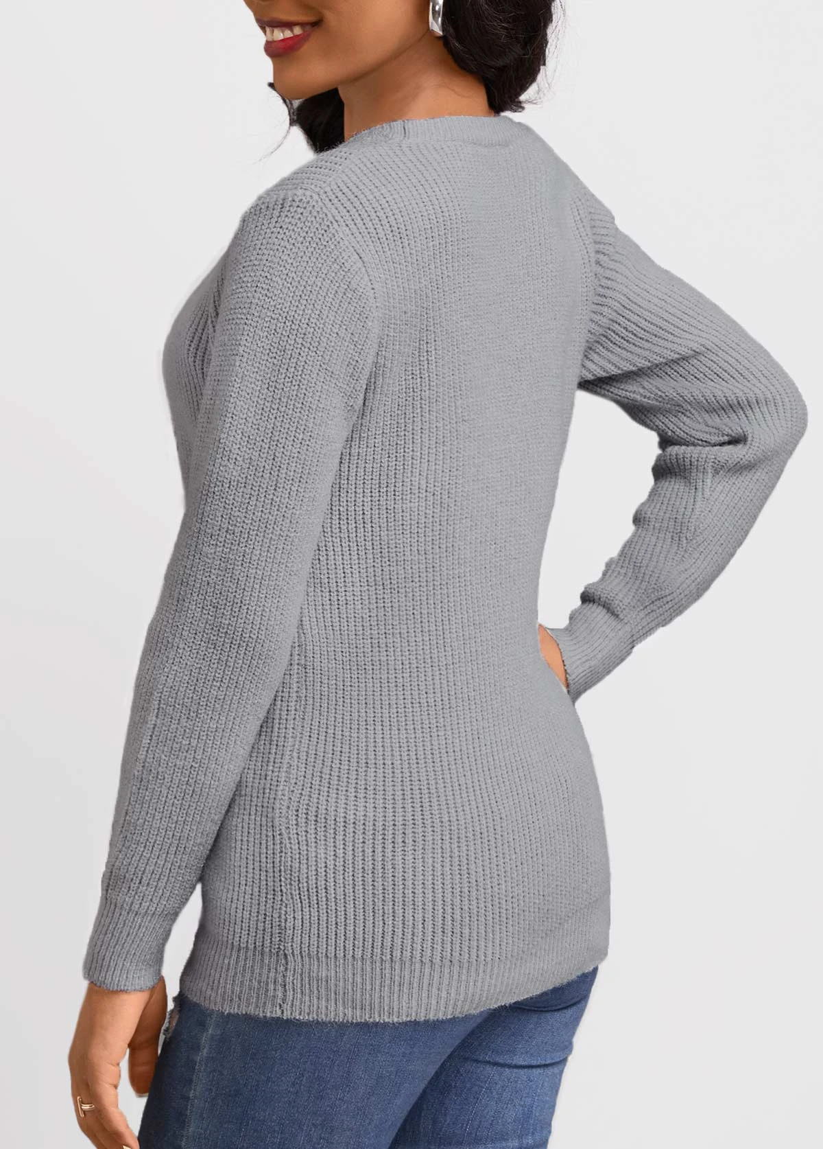 Grey Patchwork Long Sleeve Round Neck Sweater 2 Grey Patchwork Long Sleeve Round Neck Sweater - Image 2