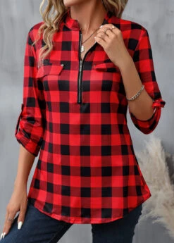 Red Zipper Plaid Long Sleeve High Neck Blouse -Women Clothing Sales Store 340543 P 16929591923372