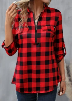 Red Zipper Plaid Long Sleeve High Neck Blouse