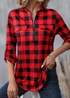 Red Zipper Plaid Long Sleeve High Neck Blouse -Women Clothing Sales Store 340543 P 16929591931995