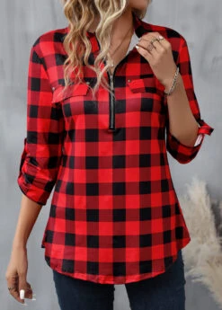 Red Zipper Plaid Long Sleeve High Neck Blouse -Women Clothing Sales Store 340543 P 16929591932763