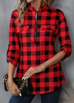 Red Zipper Plaid Long Sleeve High Neck Blouse -Women Clothing Sales Store 340543 P 16929591933954